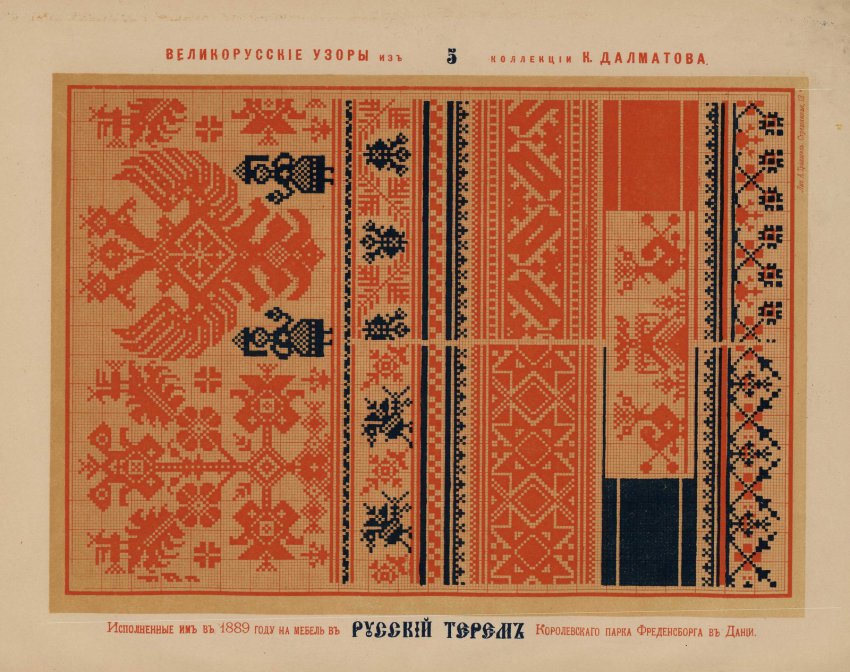 Русские вышивки 1889 года цветным шелком, исполненные К. Далматовым