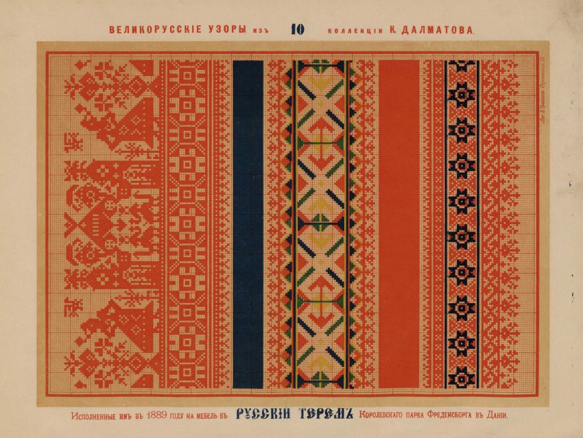 Русские вышивки 1889 года цветным шелком, исполненные К. Далматовым