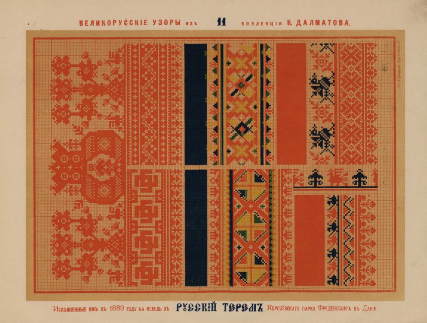 Русские вышивки 1889 года цветным шелком, исполненные К. Далматовым
