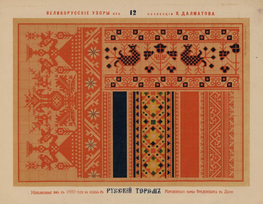 Русские вышивки 1889 года цветным шелком, исполненные К. Далматовым