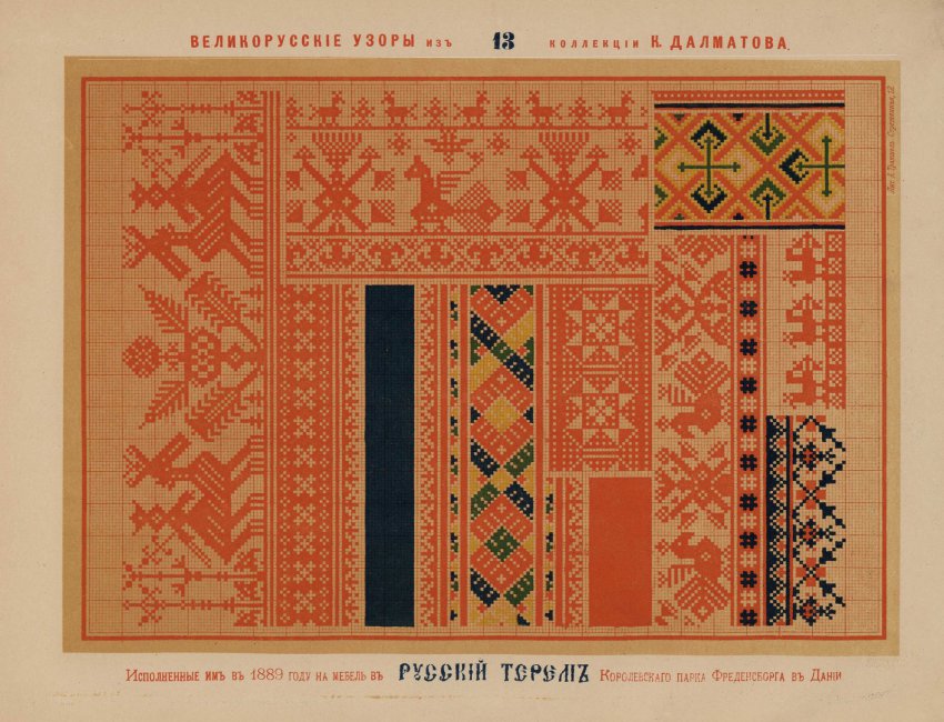 Русские вышивки 1889 года цветным шелком, исполненные К. Далматовым