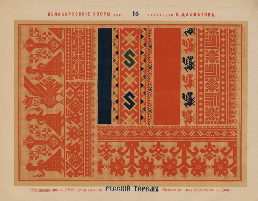 Русские вышивки 1889 года цветным шелком, исполненные К. Далматовым