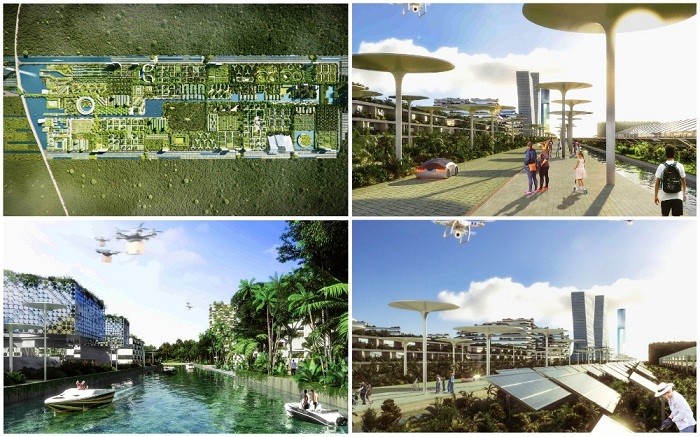 Самодостаточный эко-город будущего в окружении деревьев и растений