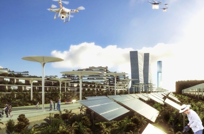 Самодостаточный эко-город будущего в окружении деревьев и растений