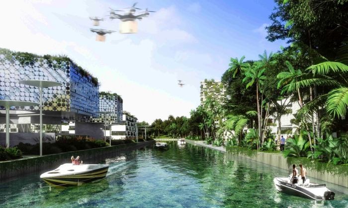 Самодостаточный эко-город будущего в окружении деревьев и растений